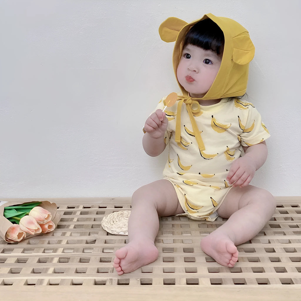 Unisex baby pure cotton short sleeve triangle jumpsuit with matching hat, Banana and Pineapple prints, Korean style