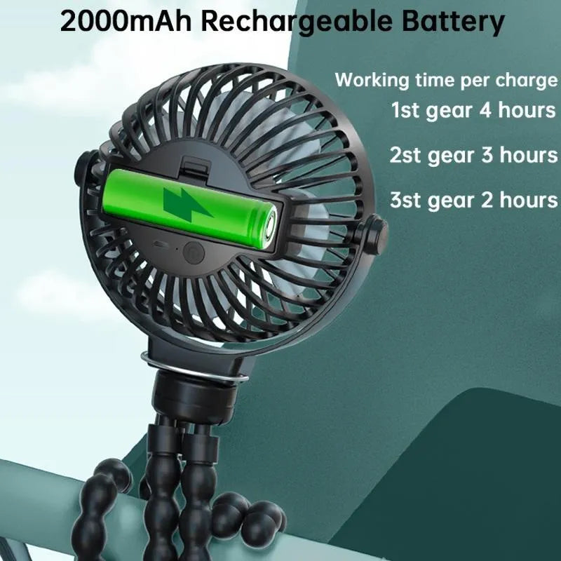 Black flexible octopus tripod clip-on fan with 3 blades and a 2000mAh battery pack.