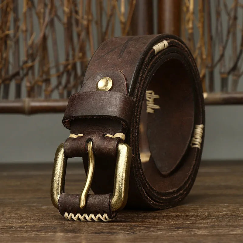 Handmade retro cow leather belt with copper pin buckle, 3.8cm wide, 4mm thick, in brown colour