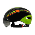 Adult bicycle helmet with integrated red LED taillight on the rear, shown in a black, blue, and white colour combination.