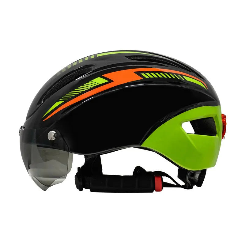 Adult bicycle helmet with integrated red LED taillight on the rear, shown in a black, blue, and white colour combination.