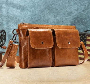 Men's genuine leather crossbody messenger bag in black, brown or oil coffee with polyester lining