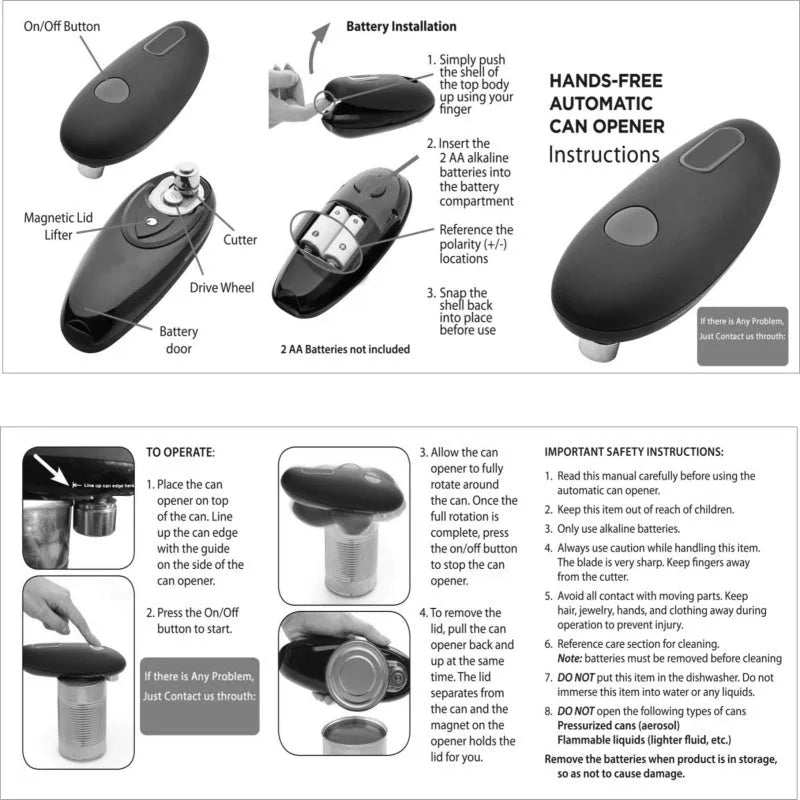 Black automatic electric can opener for hands-free opening of cans, jars, and bottles