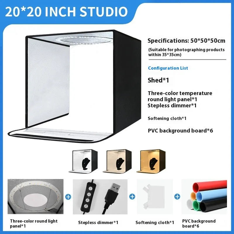 50cm small studio light box with metal frame and white reflective cloth interior, showing folded design.