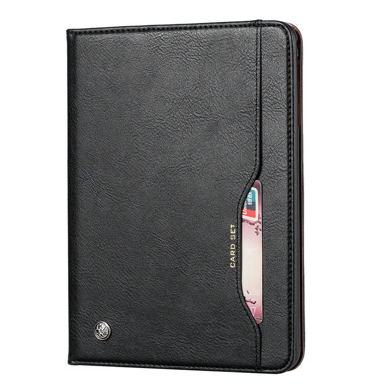 Classic black imitation leather flip cover case for iPad showing stand mode.