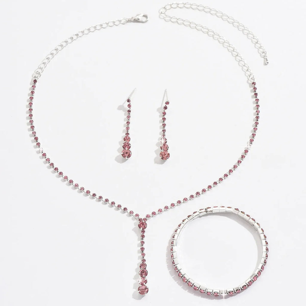 Women's three-piece rhinestone heart pendant wedding jewellery set with snake bone chain and elastic bracelet