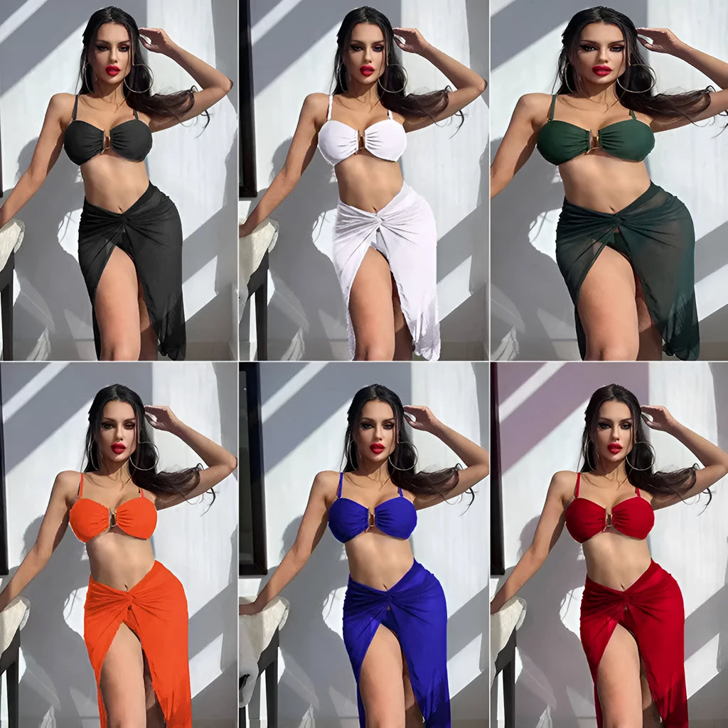 Women's multicolour French-style bikini three-piece set with long culotte design