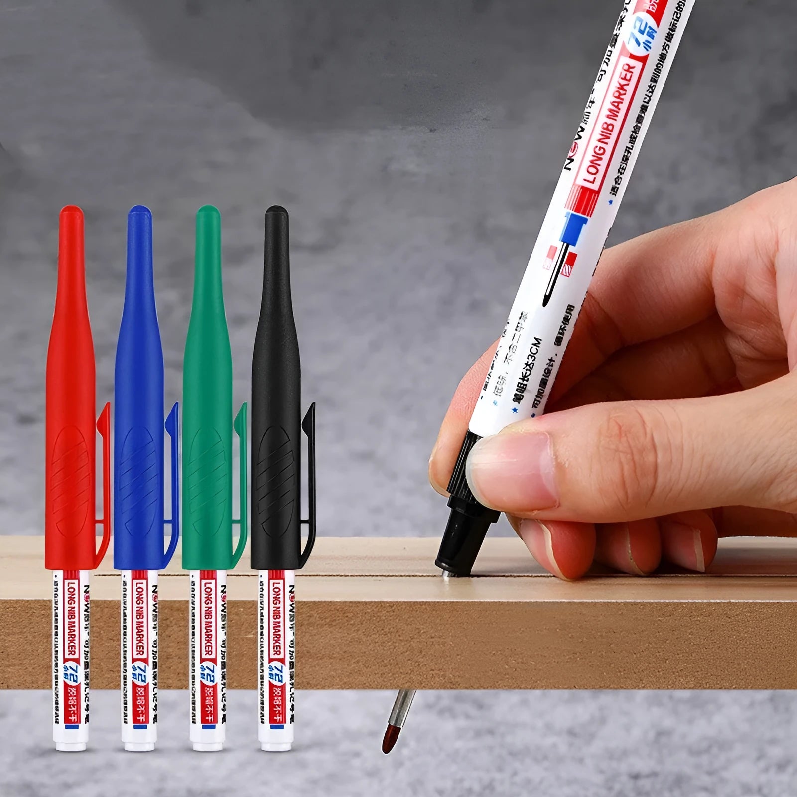 Quick-drying waterproof oil marker pen for woodworking in black, red, blue, and green colours.