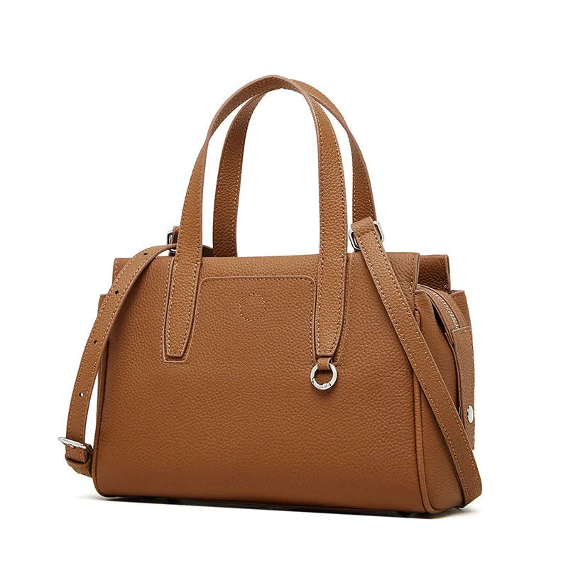 Genuine cowhide leather crossbody bag in horizontal square shape with shoulder strap