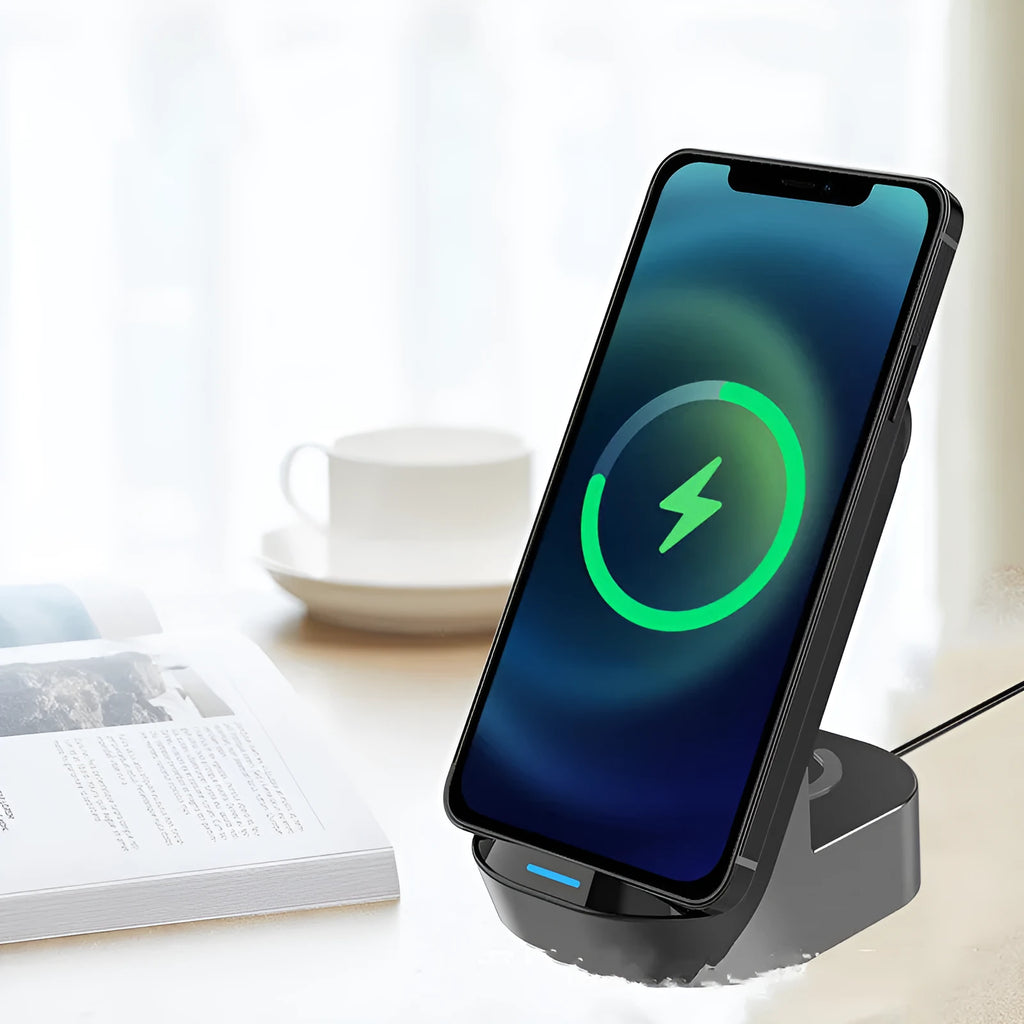 Black-grey foldable 3-in-1 wireless charging vertical stand for mobile phone, watch and headphones.