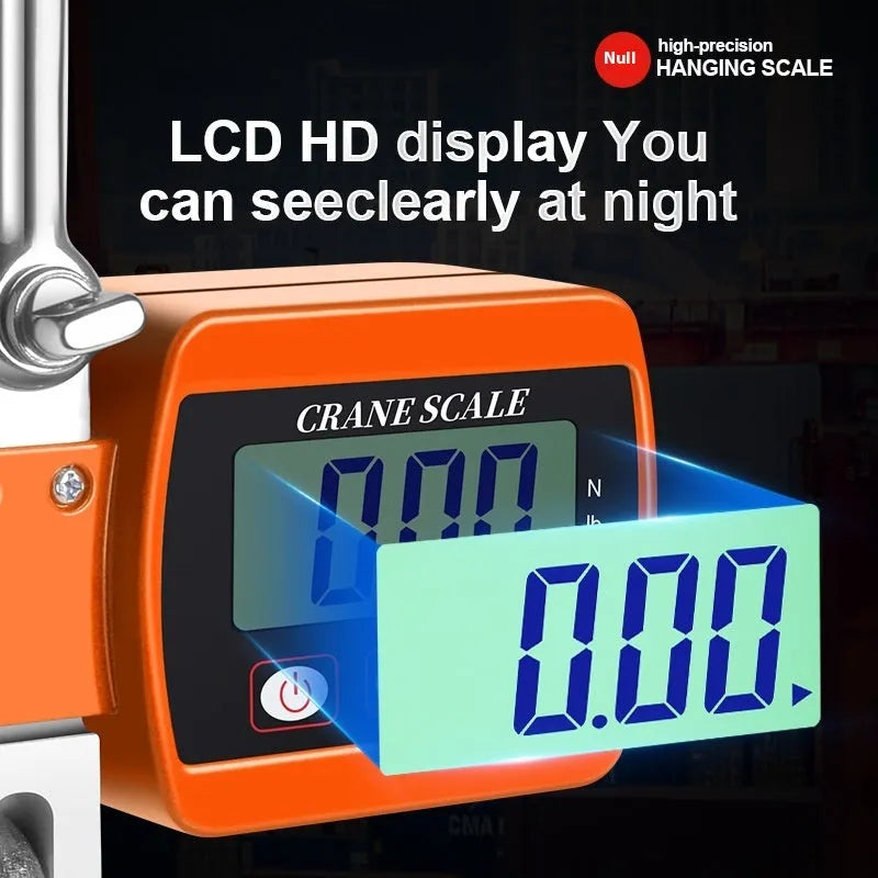 Digital hook scale with electronic display showing weight measurement