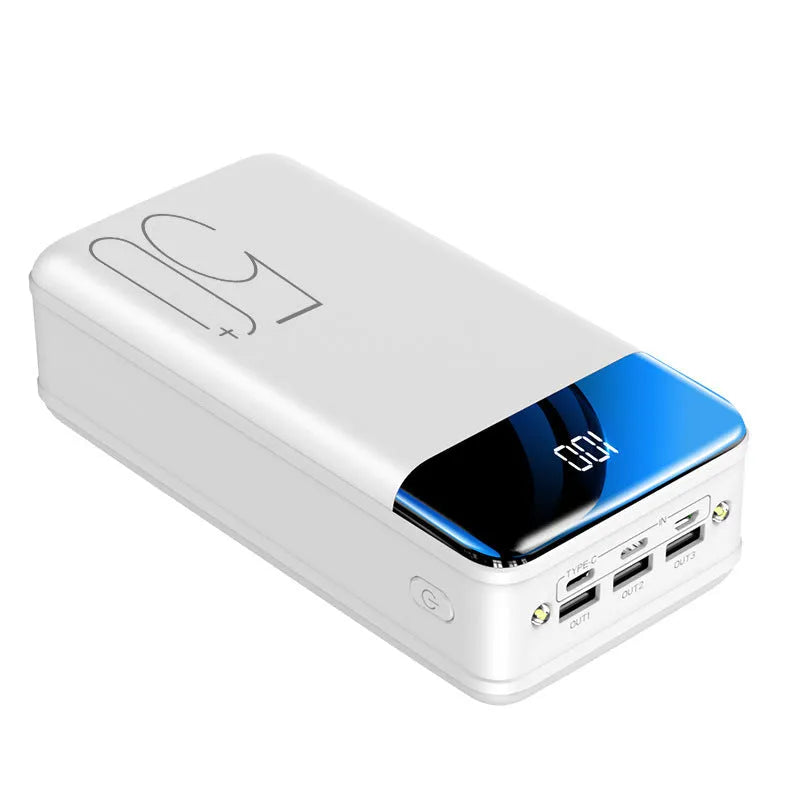 Large black and white 50000 mAh power bank showing three USB output ports