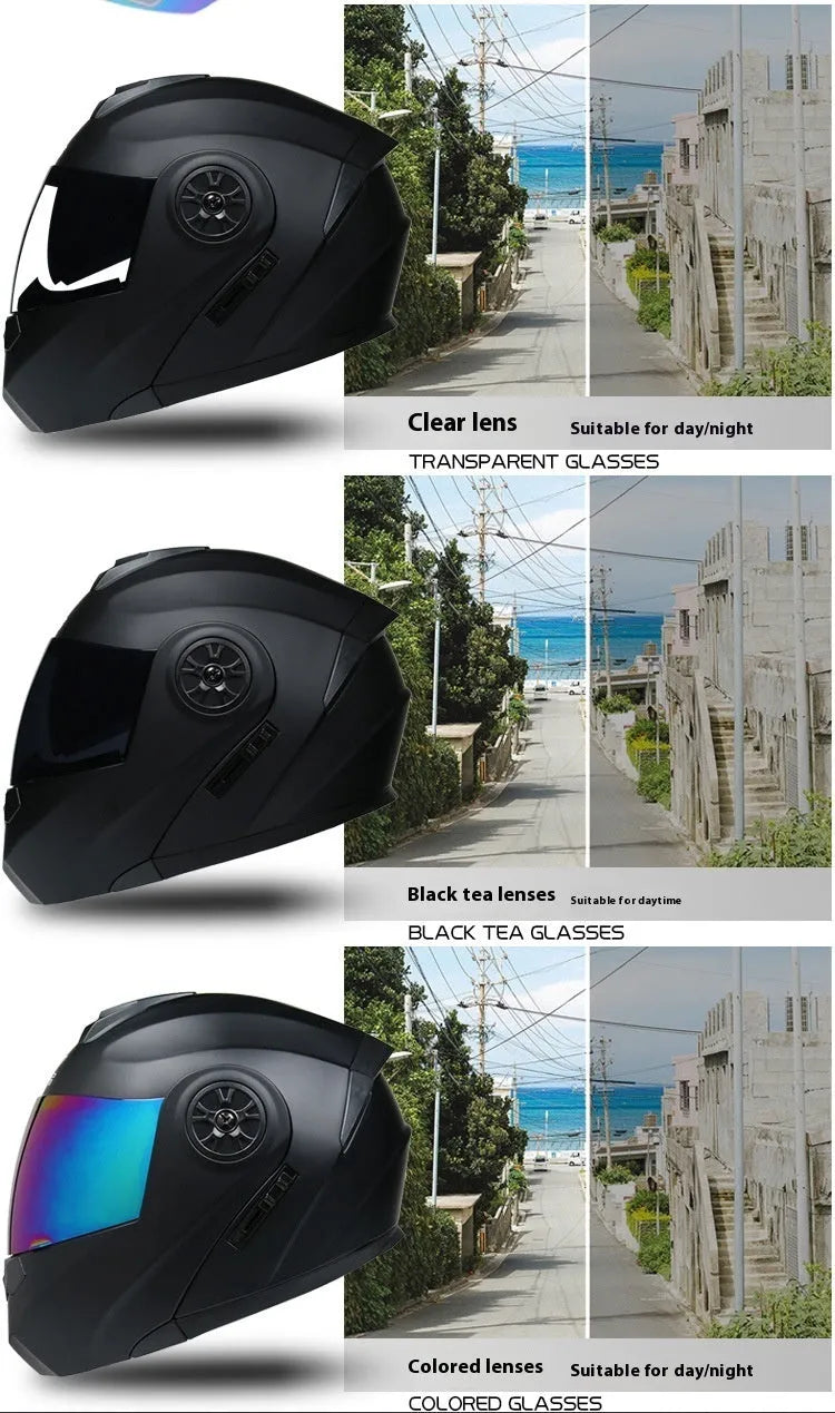 Matte black full face motorcycle helmet with black mirror visor showing ABS construction and multiple sizing options