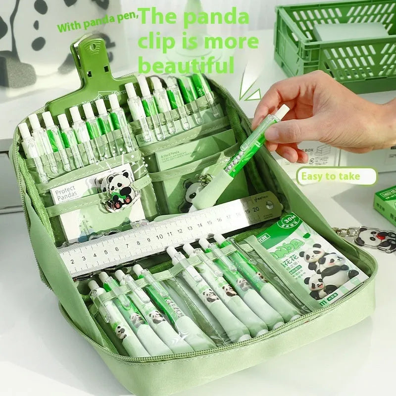 Green canvas panda pencil case with 12 internal storage layers for stationery organisation.