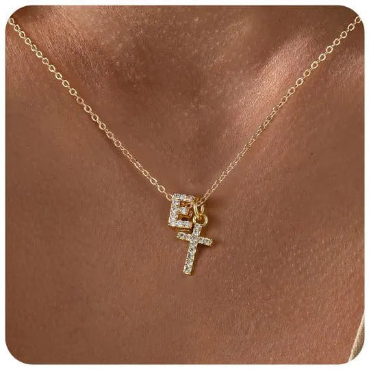 Copper letter pendant necklace with zircon inlay in A style electroplated finish on regular chain