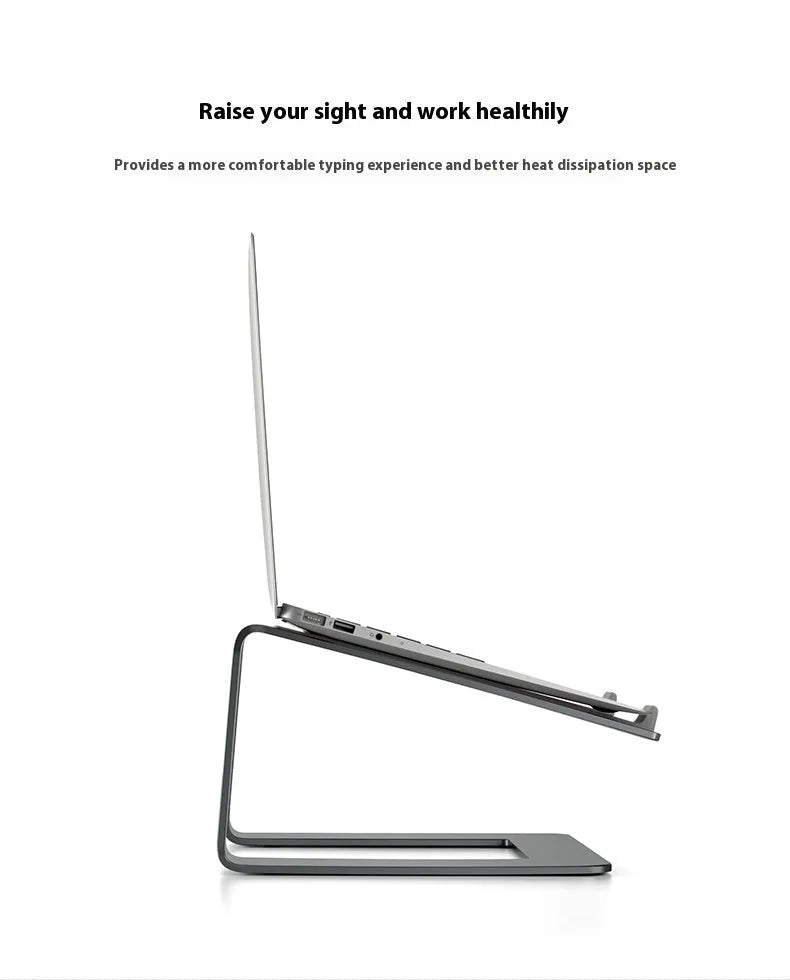 Black aluminium alloy laptop stand on wooden desk with laptop positioned on top