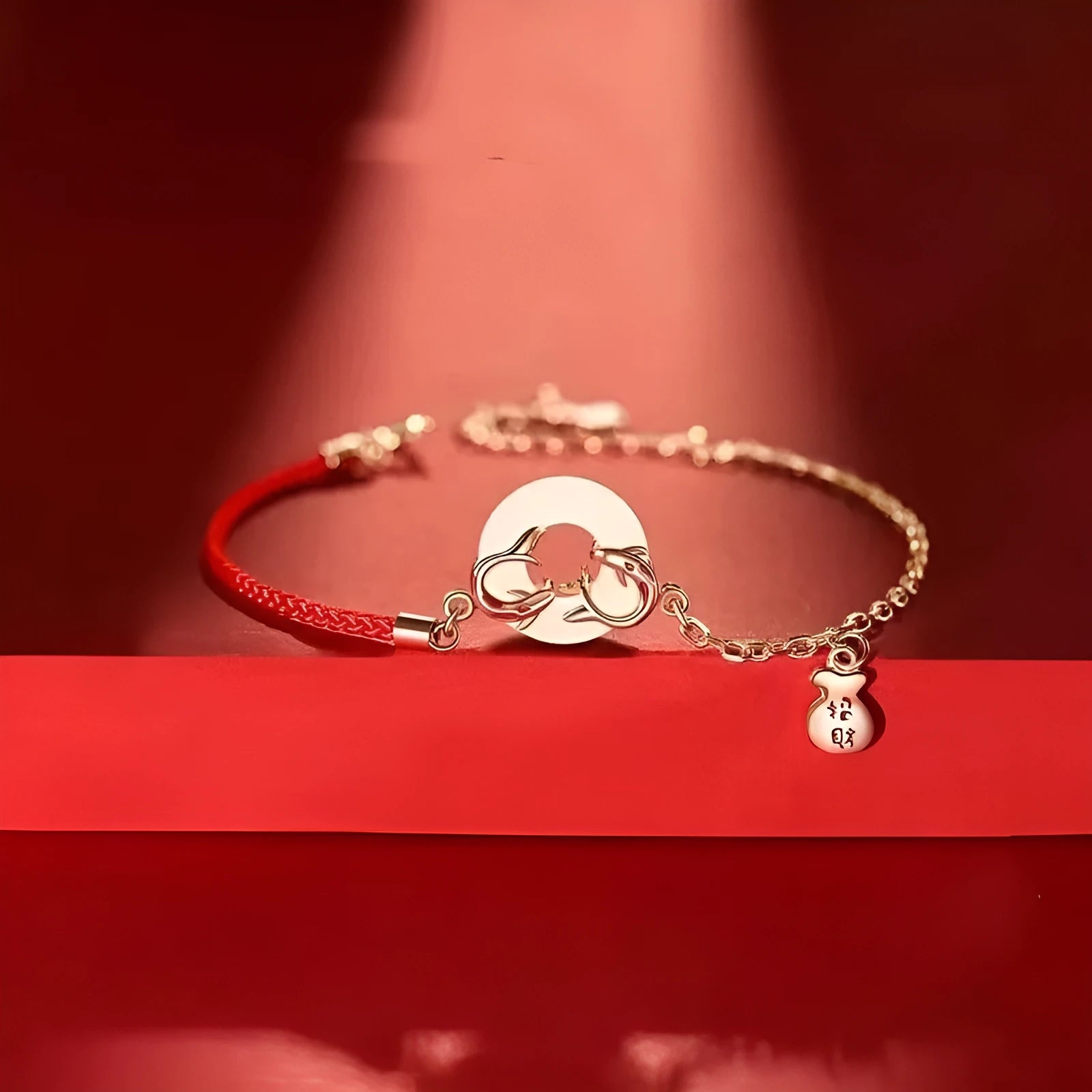 Festive koi bracelet with red rope design and peace buckle closure