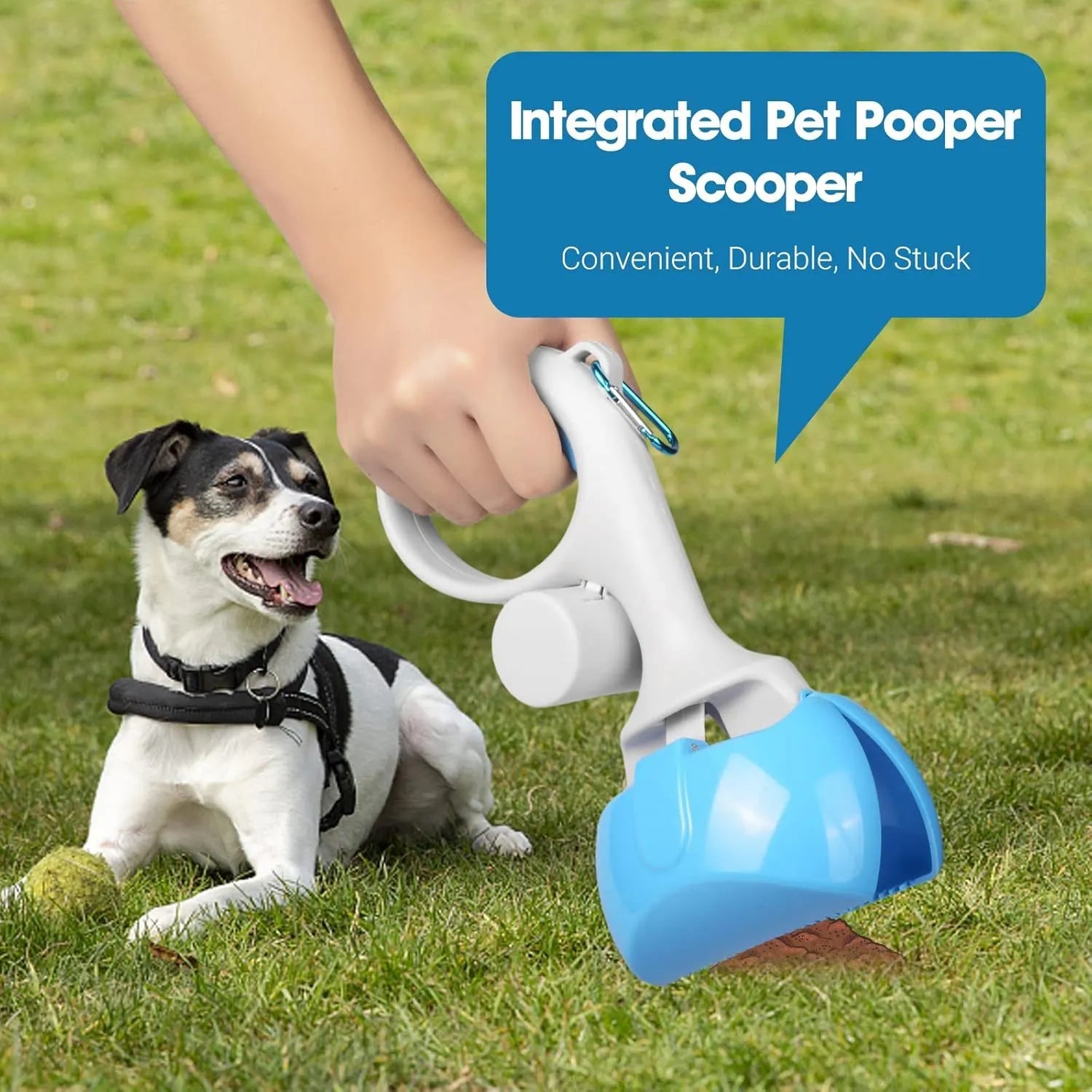 High-strength ABS plastic pet pooper scooper with built-in bag holder in blue, red, yellow, or black.