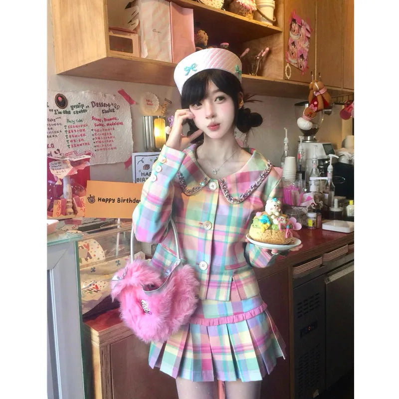 Women's high waist slimming pleated skirt suit set with cashmere coat and cap skirt in matching colour