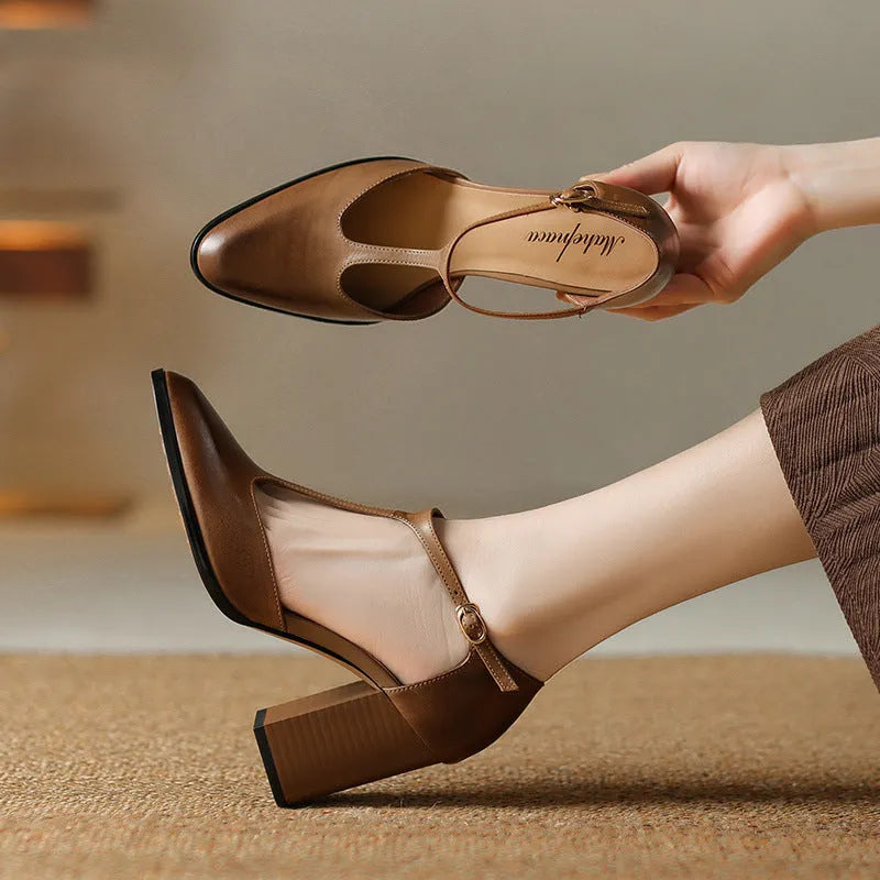 Women's dark brown retro pointed toe Mary Jane shoes with a buckle fastening on a cowhide leather upper.