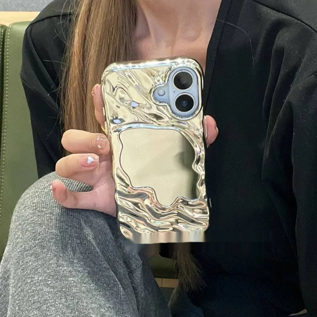 iPhone phone case with water ripple texture and a solid colour mirror back on a table