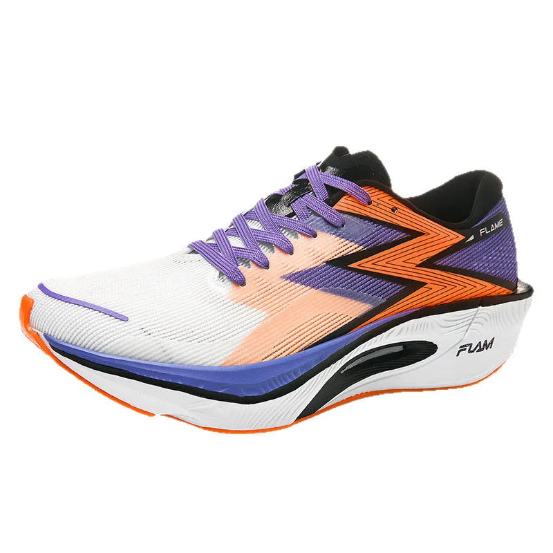 Low-top running shoes with carbon plate in orange, white, pink, sand, and purple colour options on a white background.