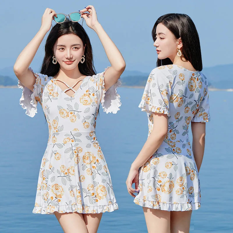 Women's floral print high waist one-piece swimsuit in white and blue colour