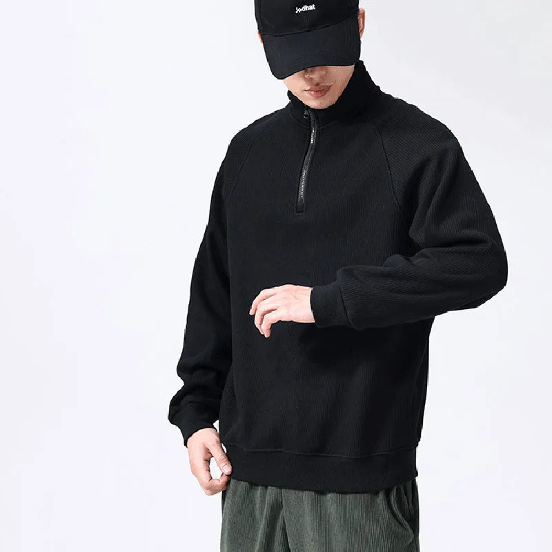 Men's fleece sweatshirt stand-collar long sleeve cotton blend pullover winter top in black