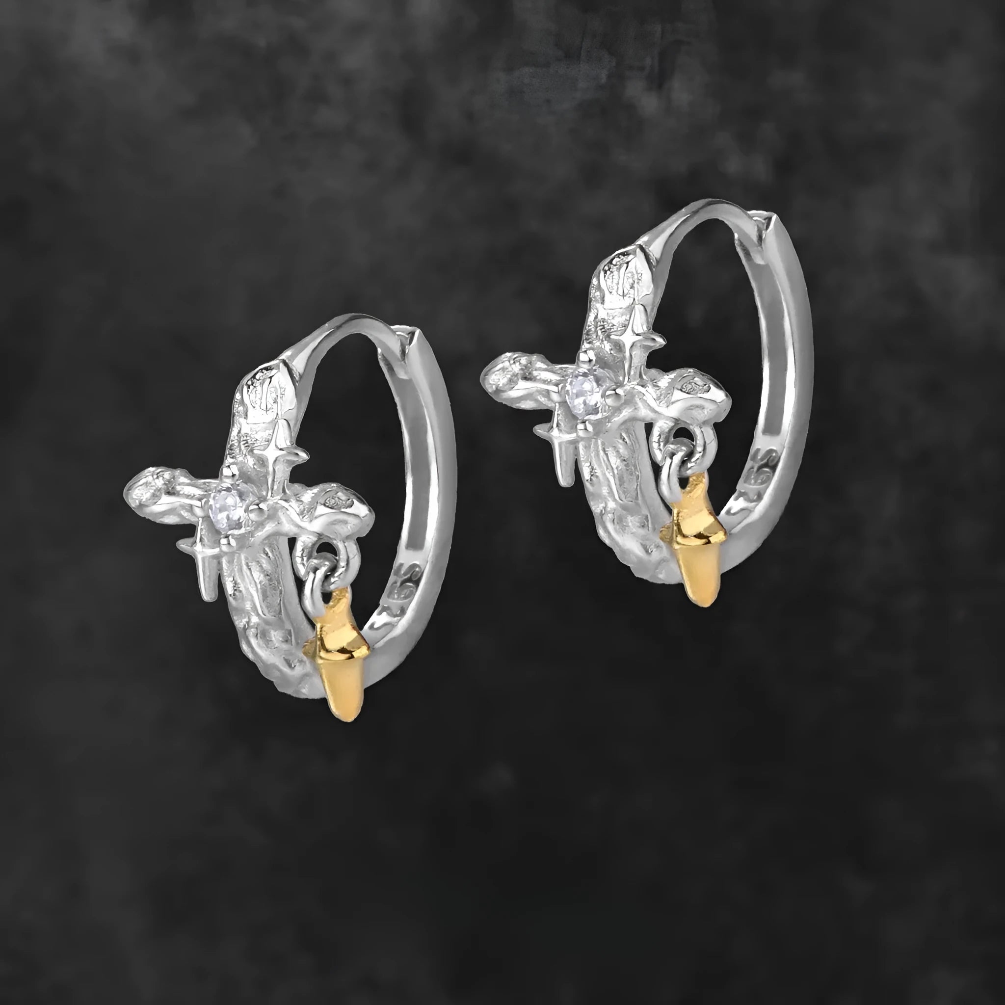 925 silver geometric cross earrings with round design elements and white gold colour finish