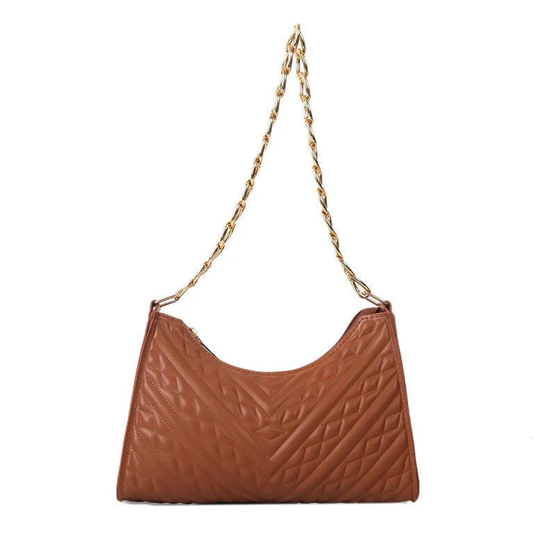 A women's black pleated chain baguette shoulder bag with a vertical square shape and an adjustable strap.