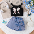 Blue cotton bow print sling pantskirt suit for girls, sleeveless pullover summer outfit