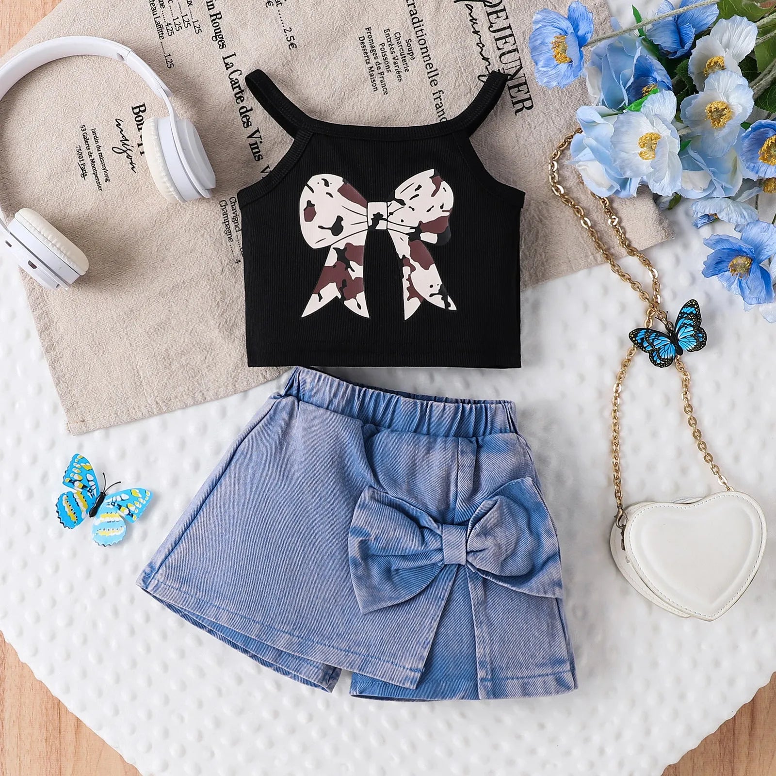 Blue cotton bow print sling pantskirt suit for girls, sleeveless pullover summer outfit