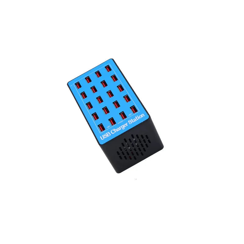 Blue 20-port USB charging station with PC ABS fire retardant housing and 100W total output