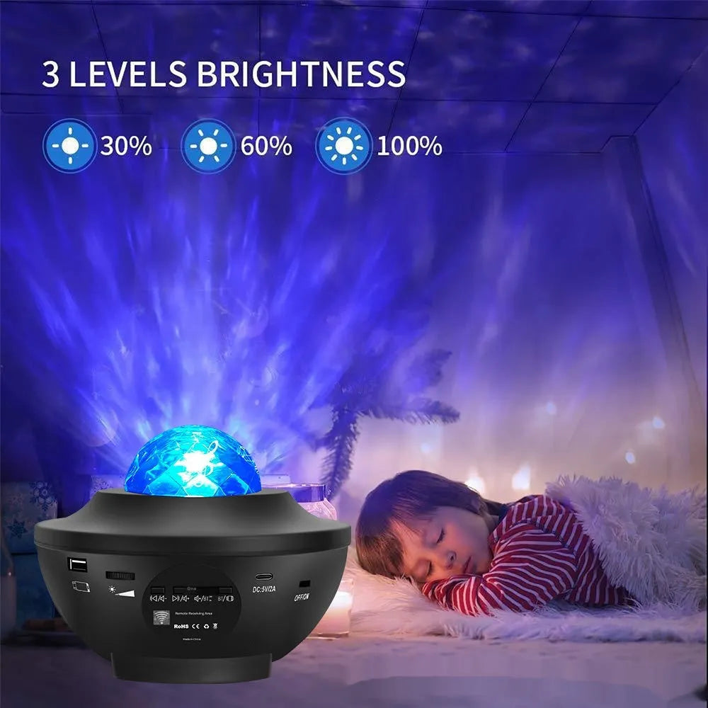 Black desktop star projection lamp with Bluetooth speaker and rotating water ripple laser effects
