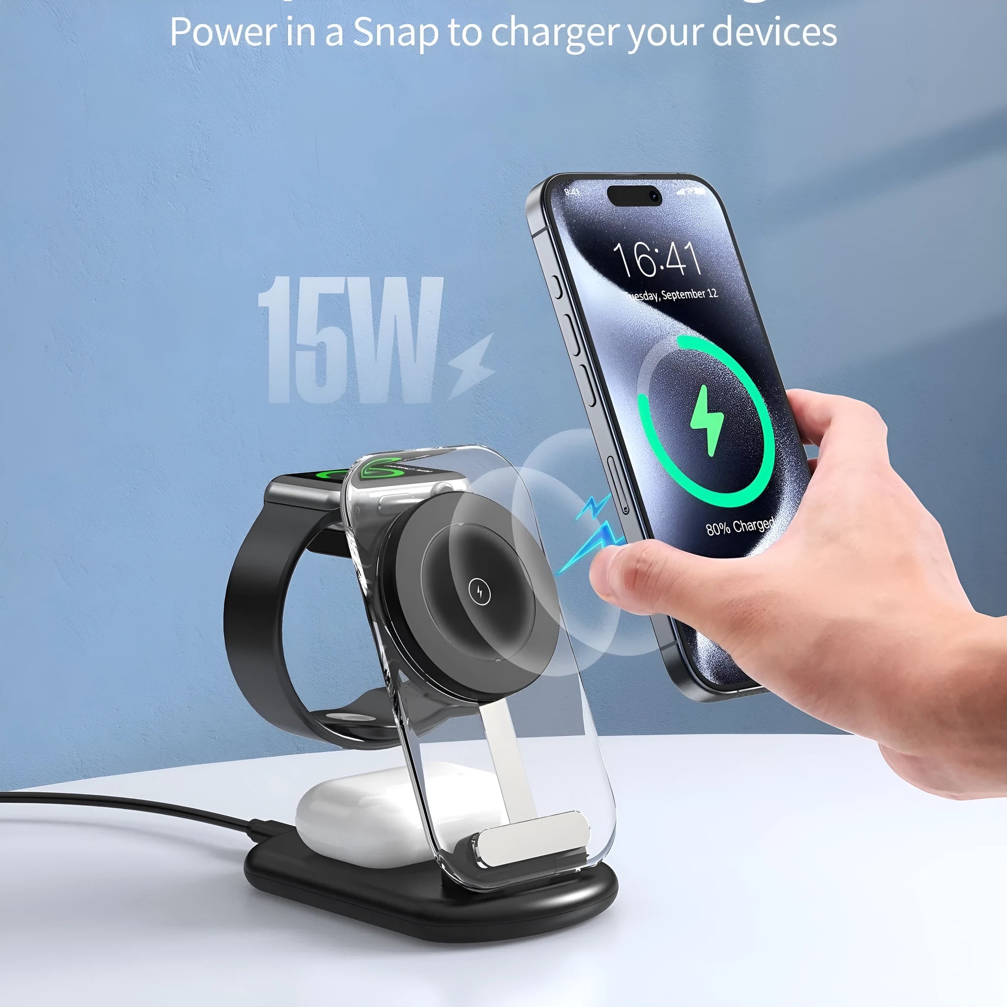 Transparent folding 3-in-1 magnetic wireless charger in black on a desk