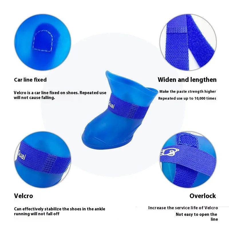 Set of four colourful rubber pet rain shoes with soft soles for dogs or cats.