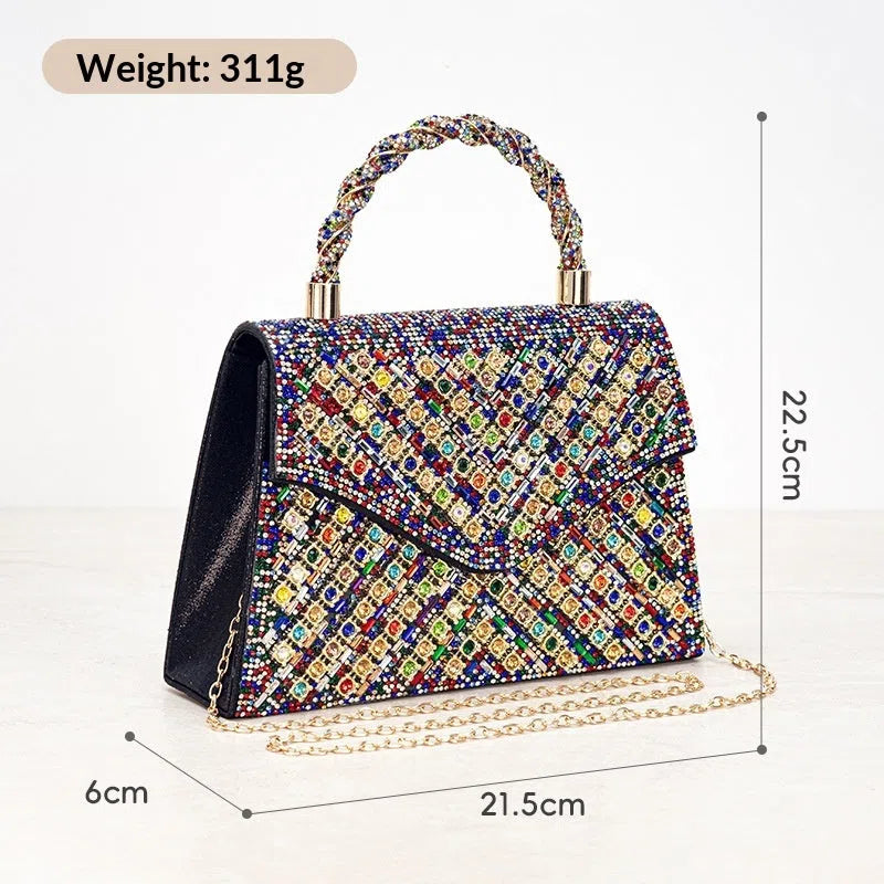 European American retro hard horizontal square crossbody bag with diamond inlay in gold