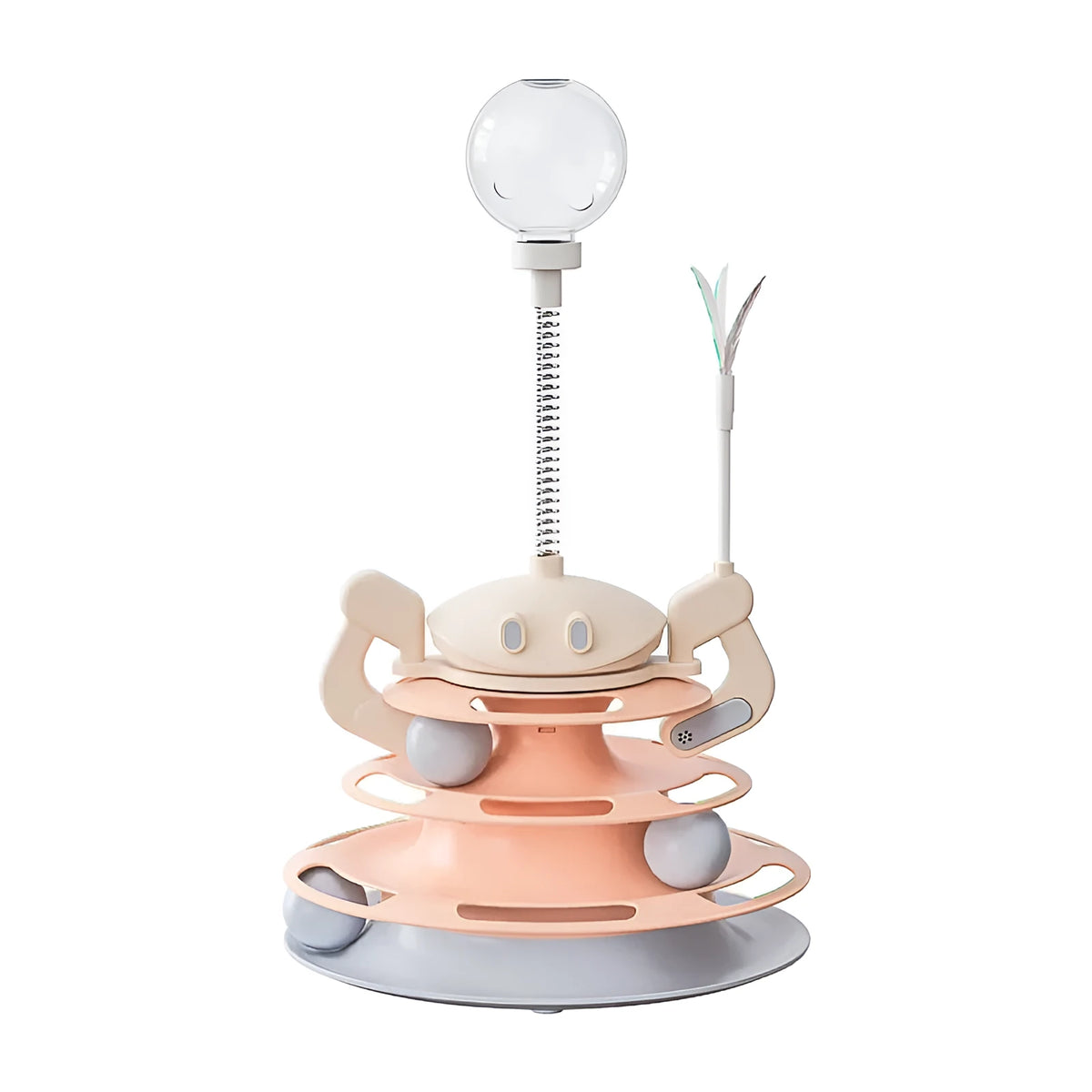 Rotating cat toy plate with four-layer tower, tracks, windmill, feather stick, and leaking food option, 25x25x41.5cm