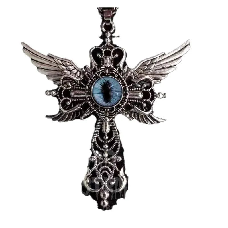 Geometric alloy pendant necklace with a cross and wing design in five colour options.