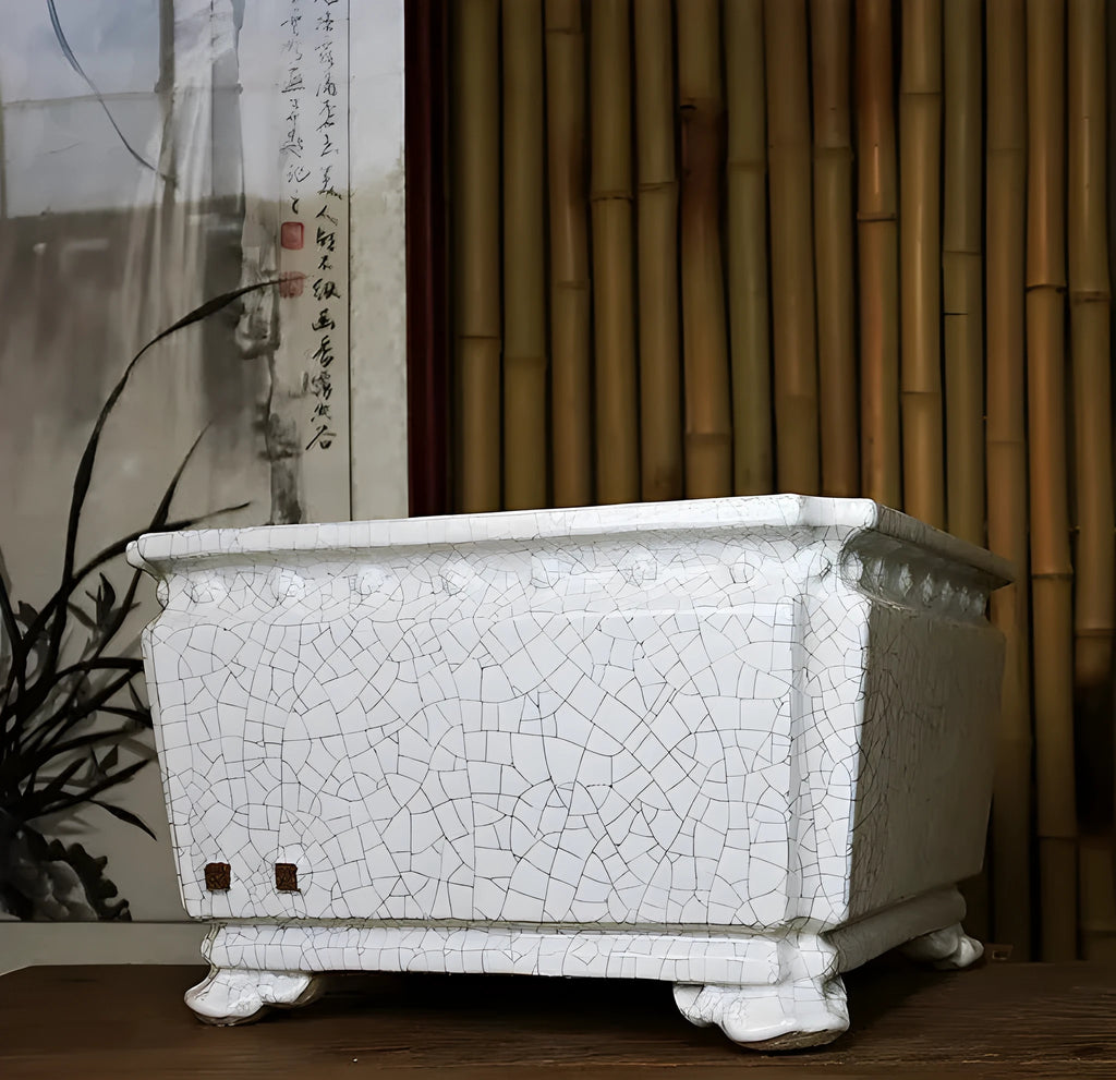 Handmade ceramic flower pot with crackle glaze surface in white colour, large diameter Chinese style planter
