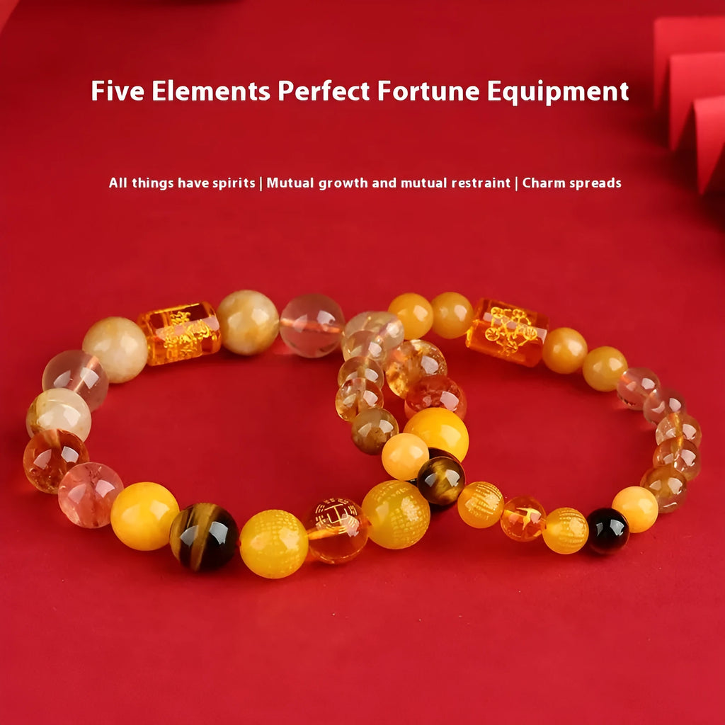 Handmade five elements crystal bracelet in gold, wood, water, fire, soil colours on a wrist.