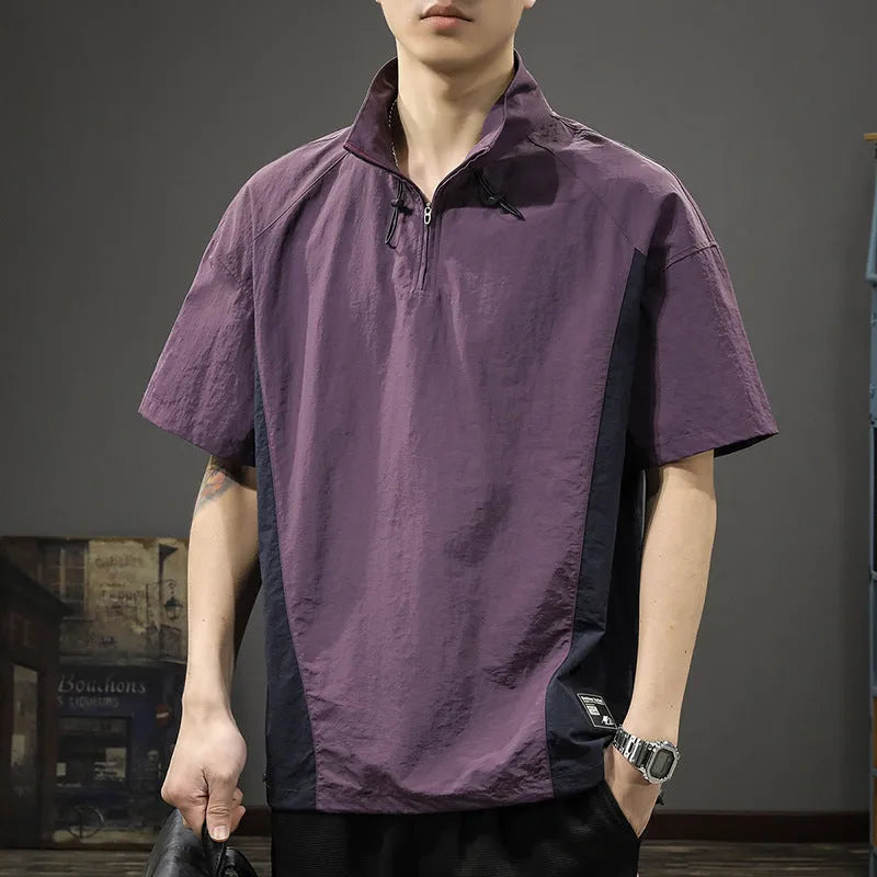 Brown men's half-zipped stand collar short-sleeved shirt on a hanger, showing fleece lining.