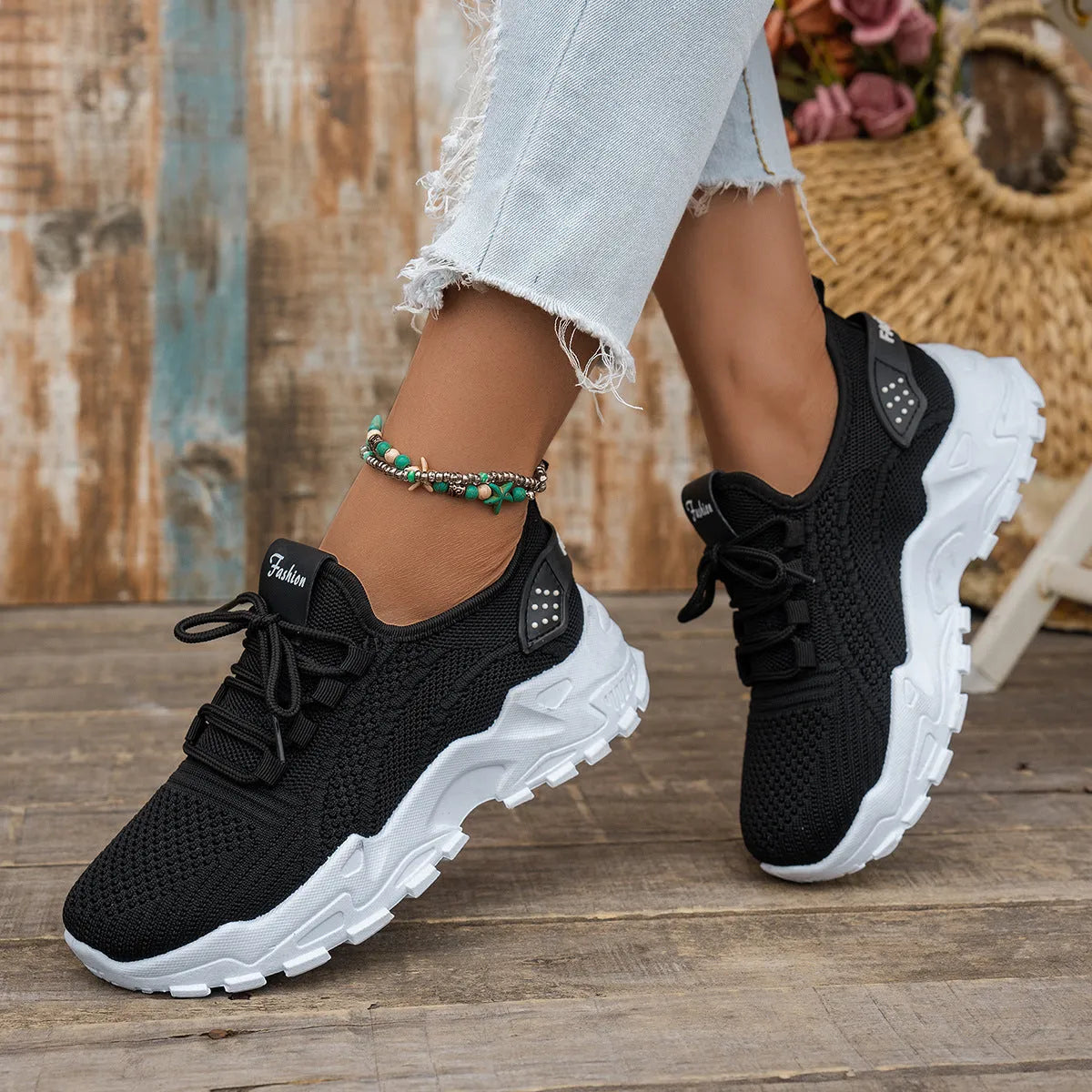 Women's flyknit mesh casual sports shoes in multiple colours with flat heel and round toe design