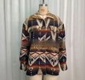 Women's loose-fit Aztec print woolen retro jacket in army green.