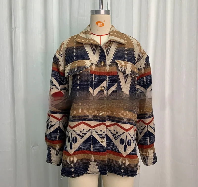 Women's loose-fit Aztec print woolen retro jacket in army green.