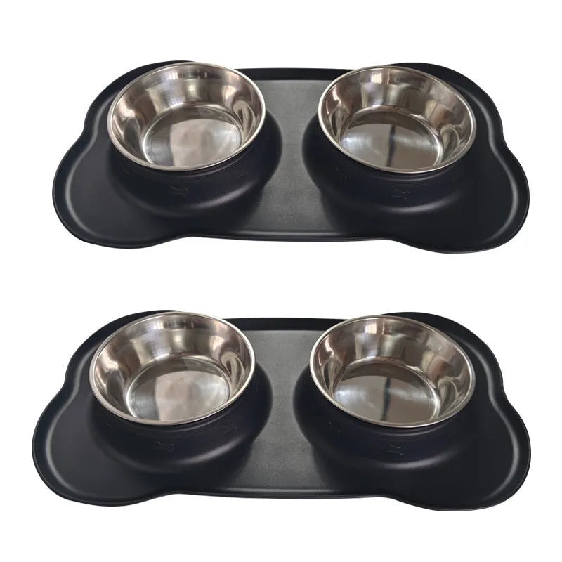 Silicone dog bowl with stainless steel insert in double bowl design, shown in blue colour