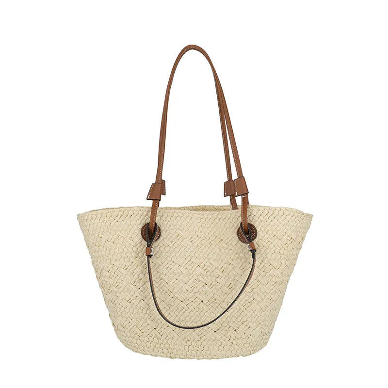 European retro style woven bag in khaki colour showing woven texture and horizontal square shape