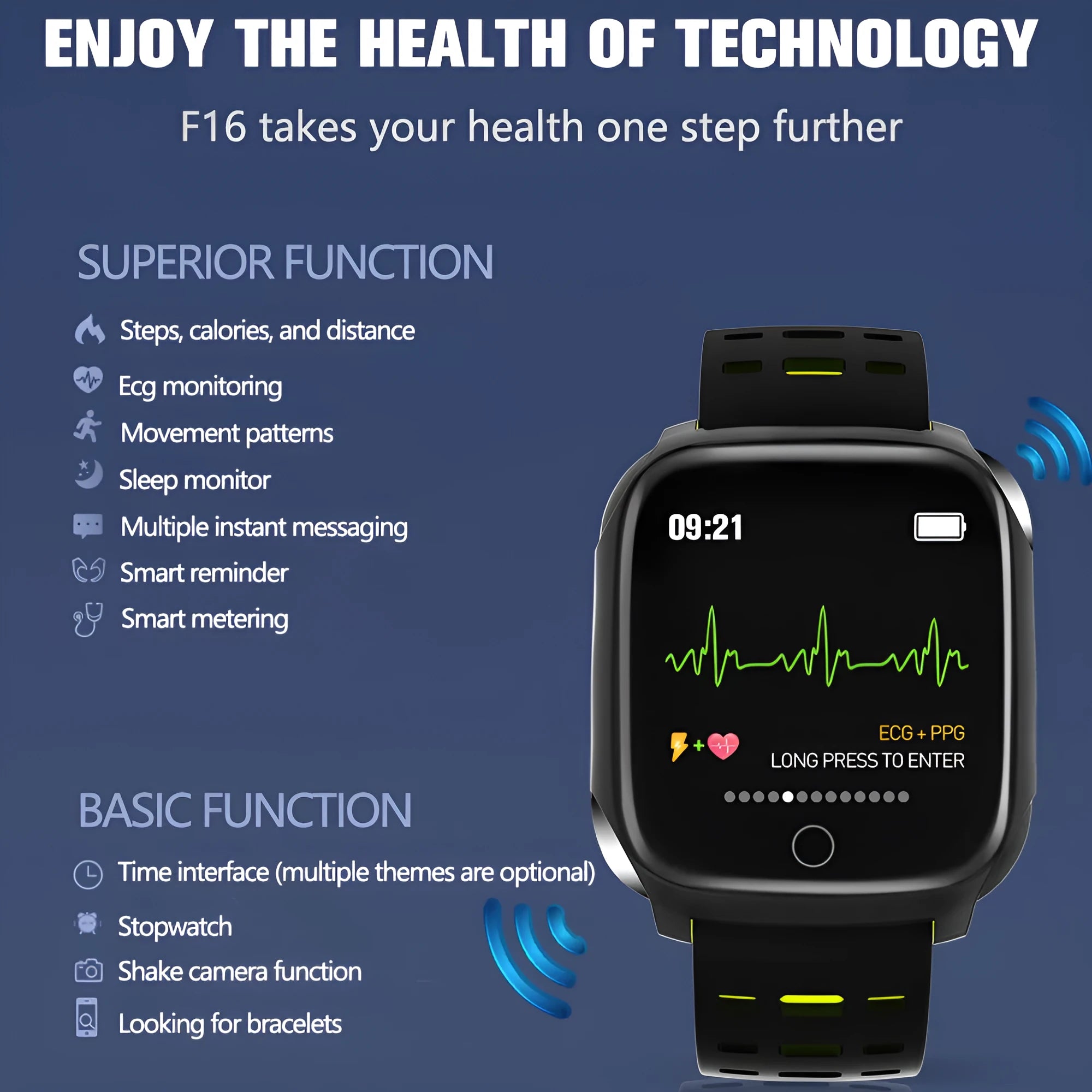 F16 smart watch with ECG monitoring on wrist showing blood pressure and heart rate display