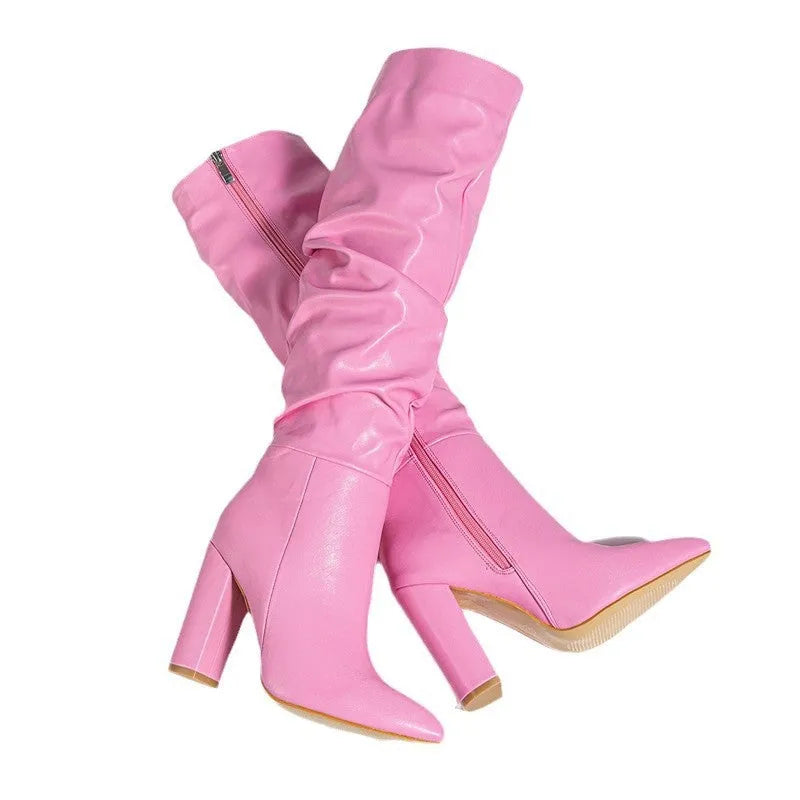 White long women's high heel ankle boot with a pointed toe and a side zipper.