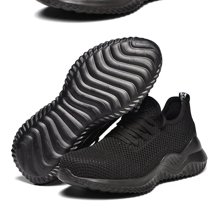 Men's low-top safety work shoes with a steel toe cap, available in black, grey, and dark green colours.